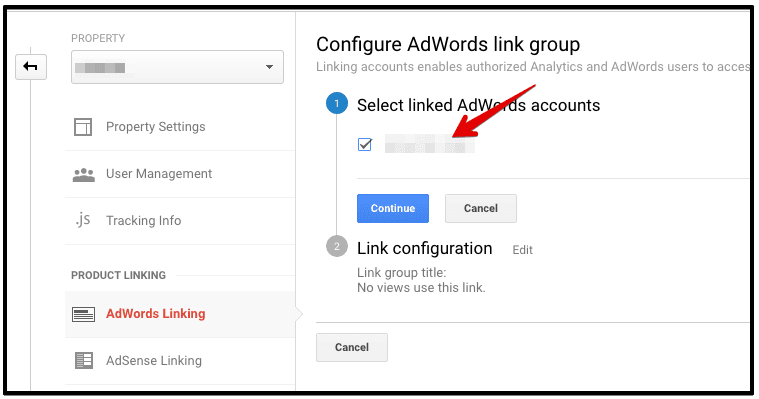  select linked adwords account 