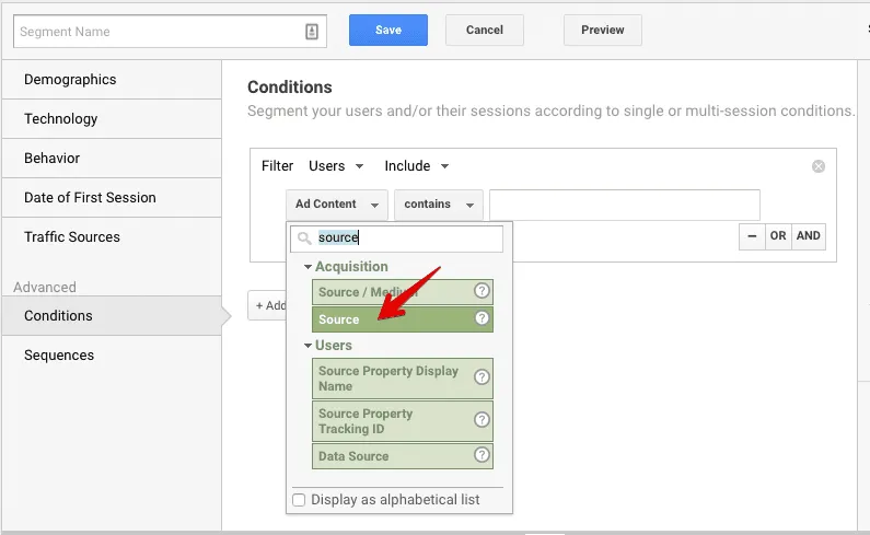 select ad content advanced segments