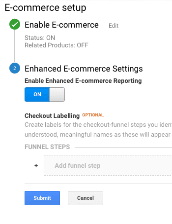  enable ecommerce settings analytics 